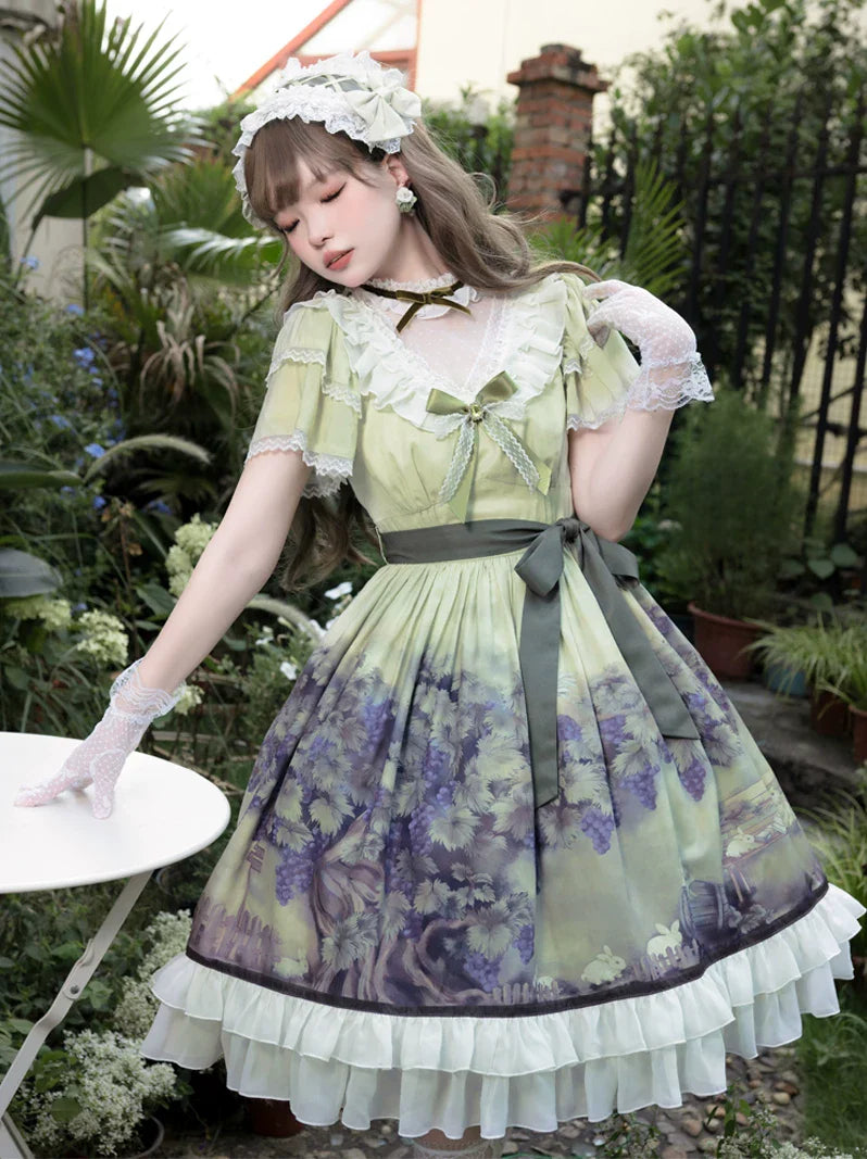 Grape Manor - Back Zipper Classic Lolita OP Dress, Bunny and Grape Print - image 3