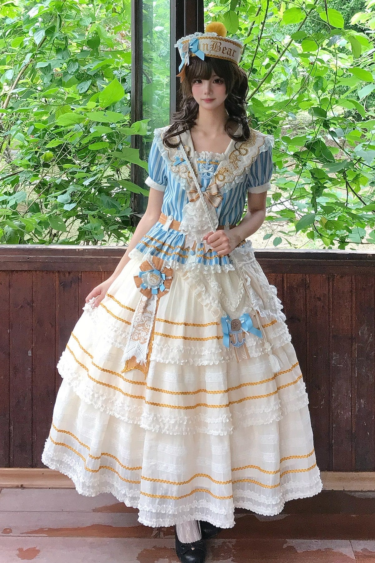 Antique Sailor Bear Blue Stripe Cropped Top Long Skirt Lolita Set - image 9