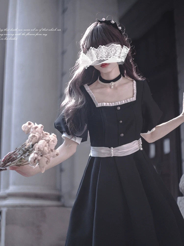 Thoughts - Vintage Black Lolita OP Dress with Square Neckline - image 12