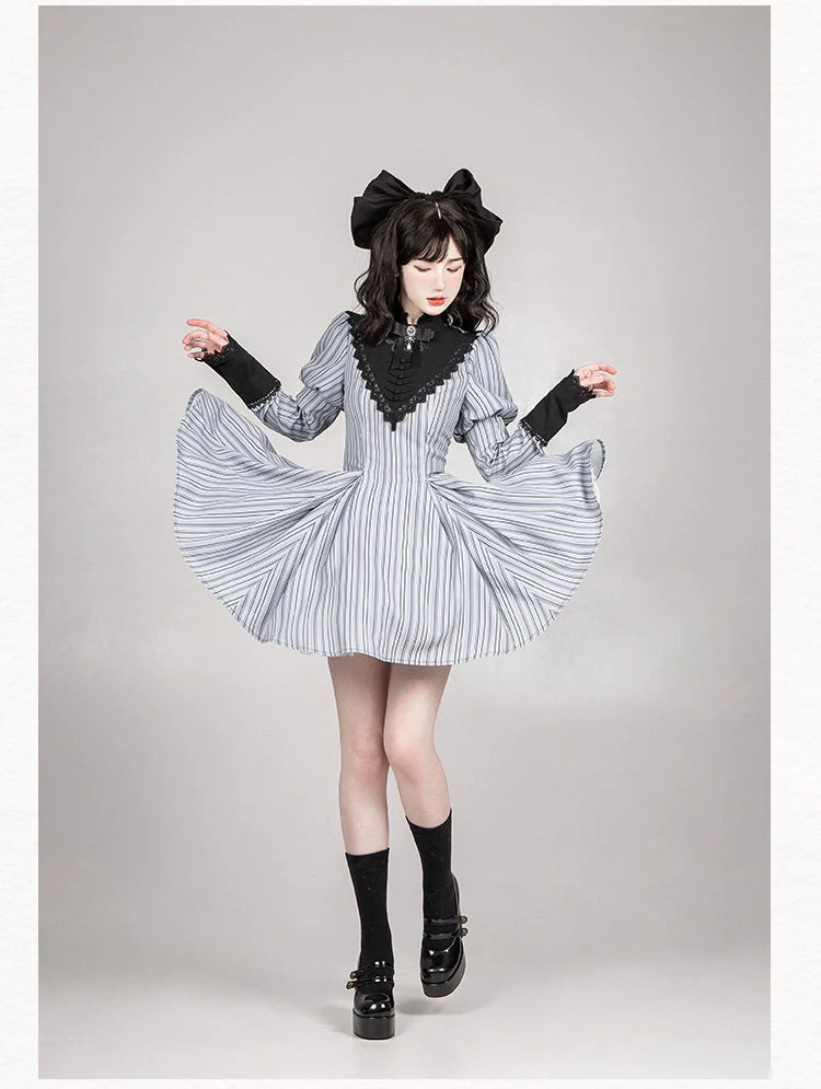 Nocturne SP - Striped Gothic Lolita OP Twin Lolita Dress with Apron and Accessories - image 30