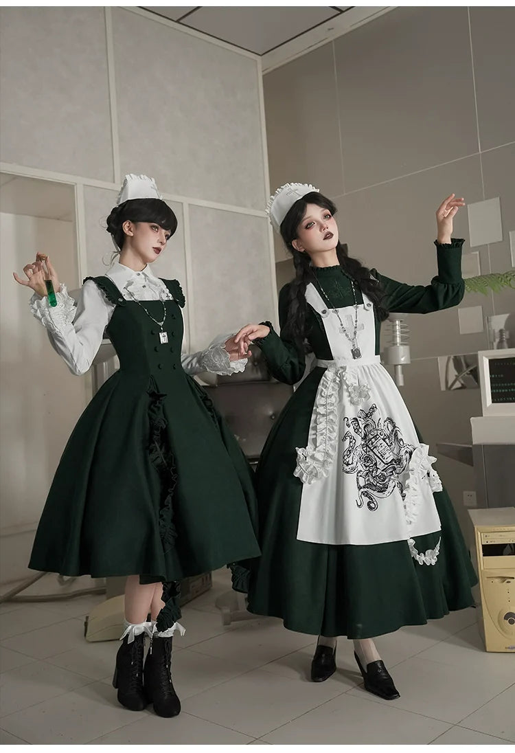 Abyss Clinic - Gothic Lolita Green Dress Set, Embroidery Accent - image 14