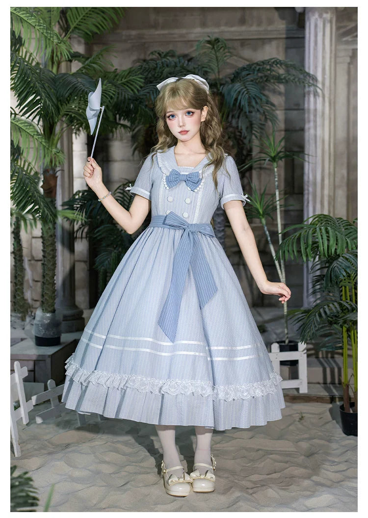 Seven-Day Bell - Blue Classic Lolita Striped OP Dress, Sailor Collar - image 30