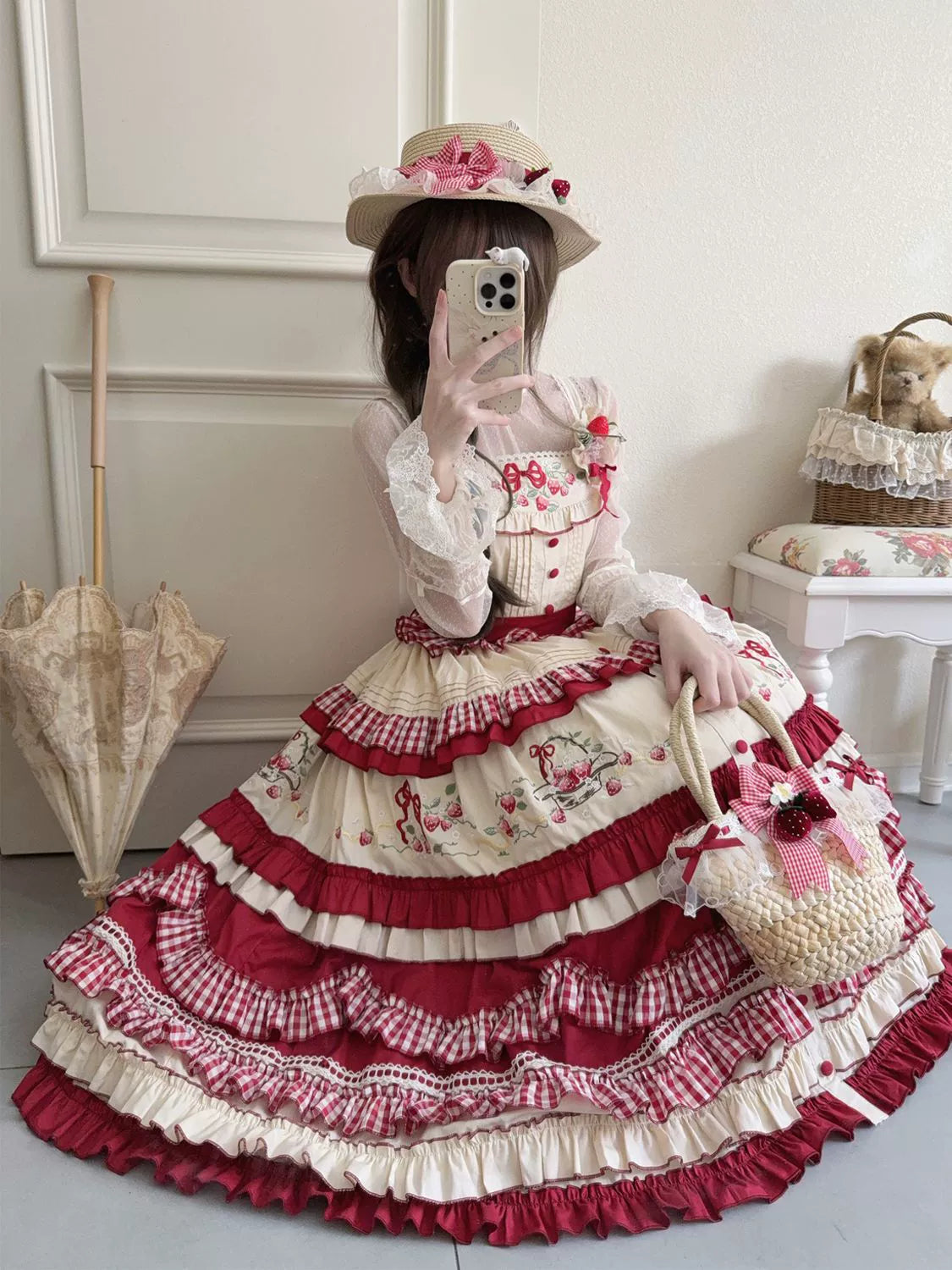 Strawberry Basket - Country Lolita JSK Dress, Strawberry Embroidery - image 8