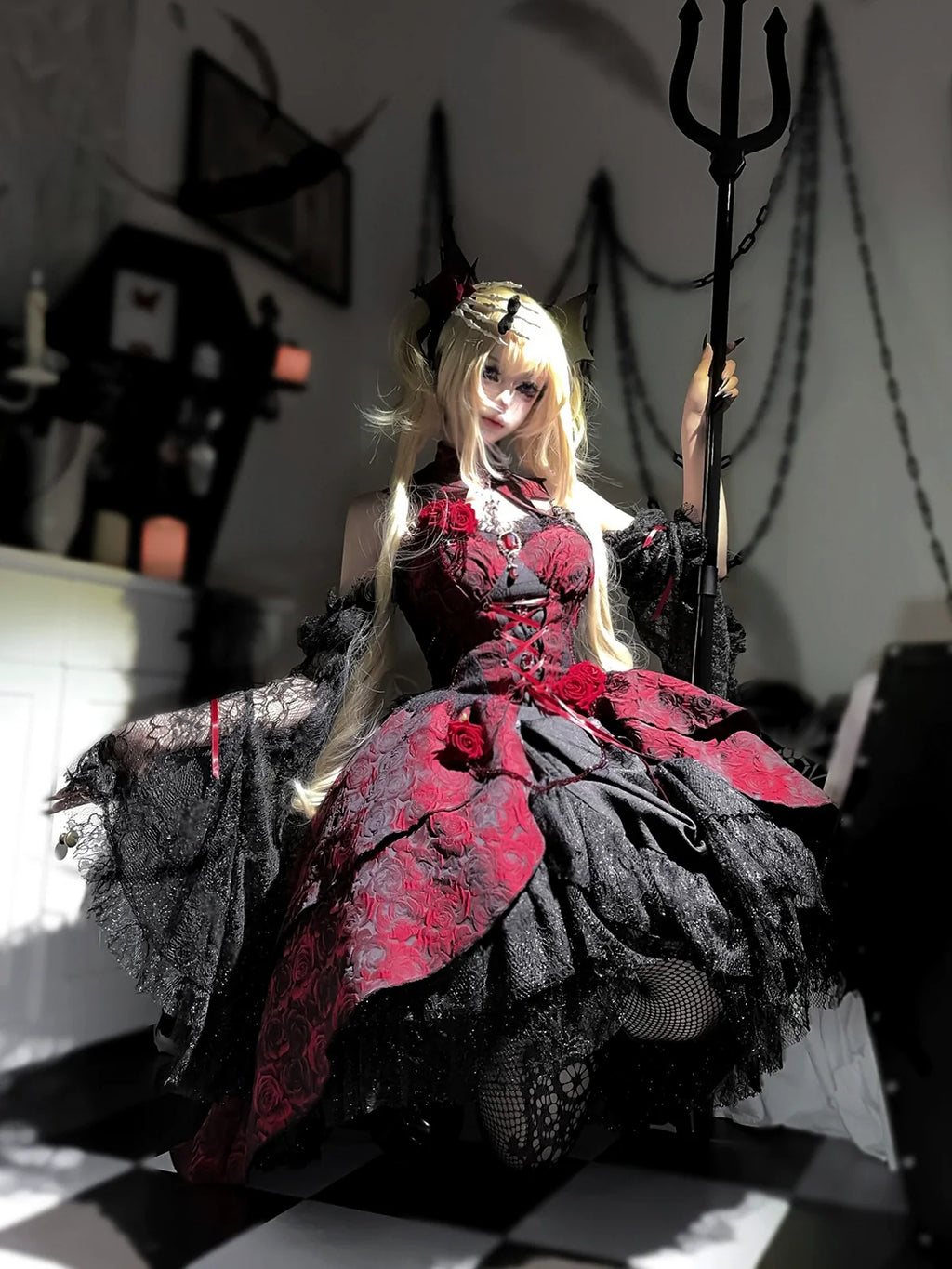 Rose Blood - Black Red Gothic Lolita JSK Jacquard Court Dress - image 12