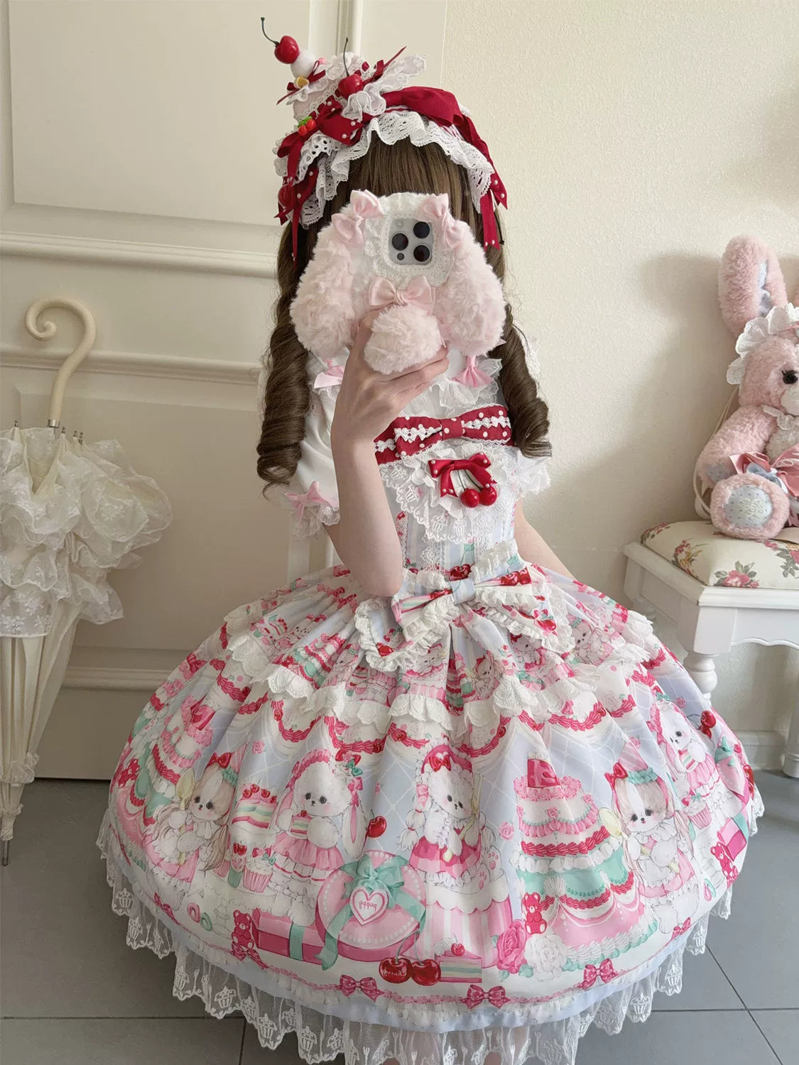 Cherry Bake Song - Kawaii Lolita JSK Dress With Dessert Print & Cherry Bow - image 19