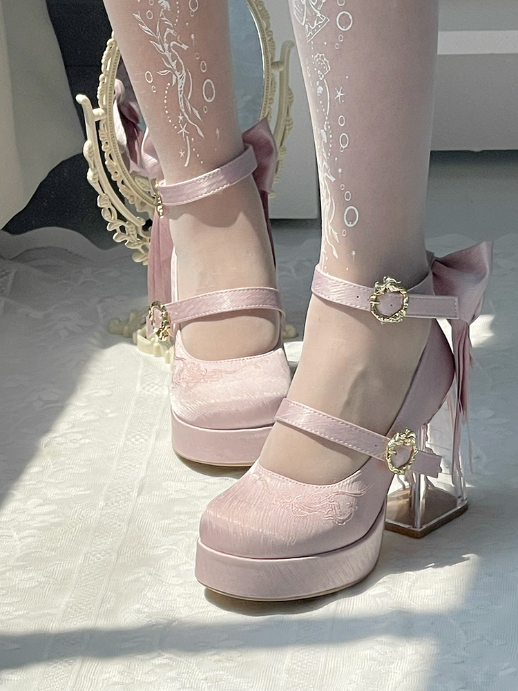 Floating Koi Land - Satin Classic Lolita Platform Shoes with Transparent Heel - image 3