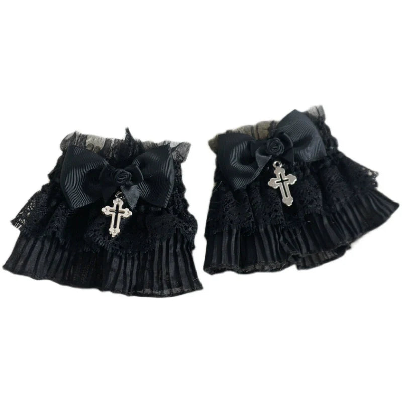 Gothic Lolita Cuffs Black Rose Lace Cross Stretch Handcuff - image 3