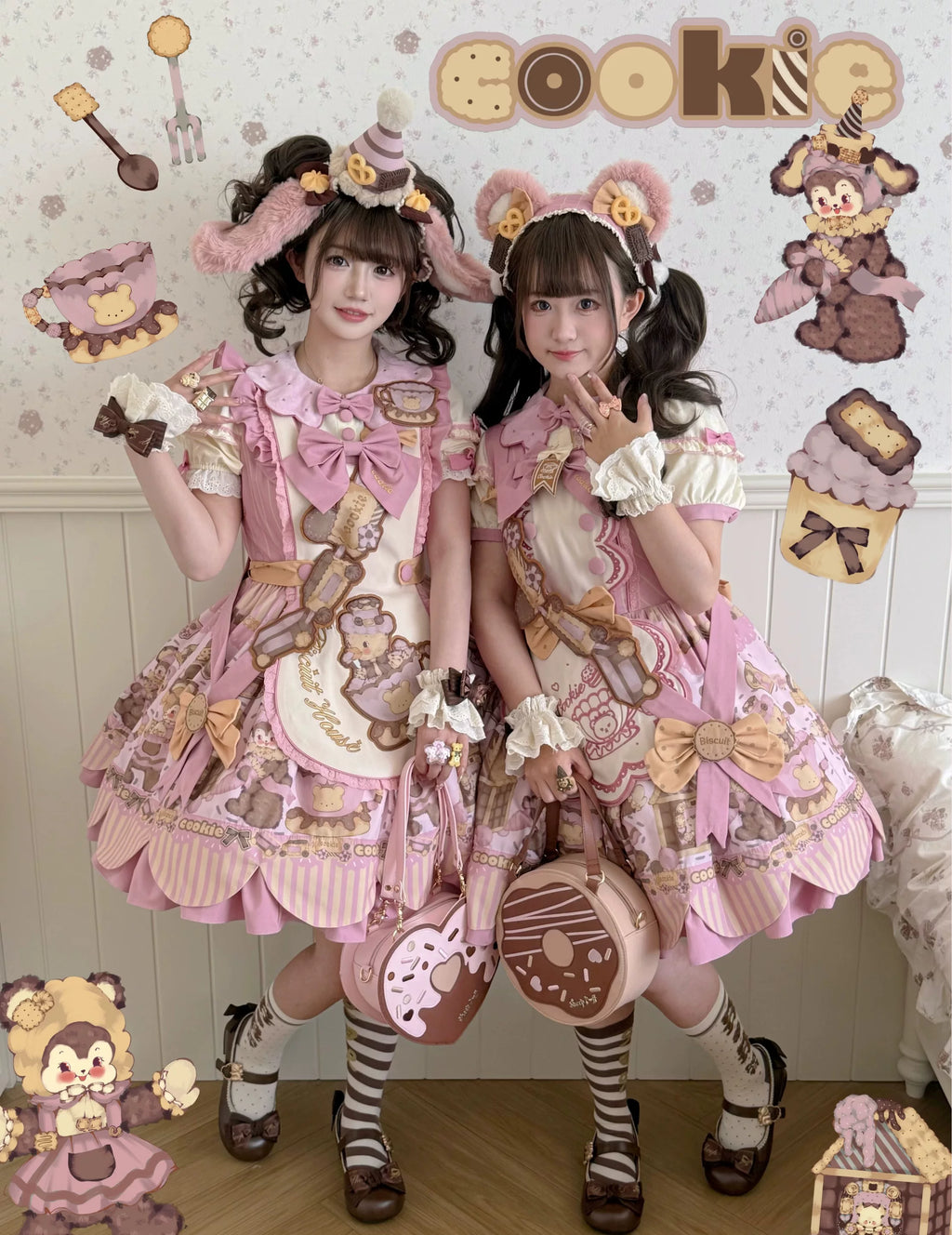 Bear Biscuit SP - Kawaii Lolita Bear Printed Dress Set with Bows - image 12