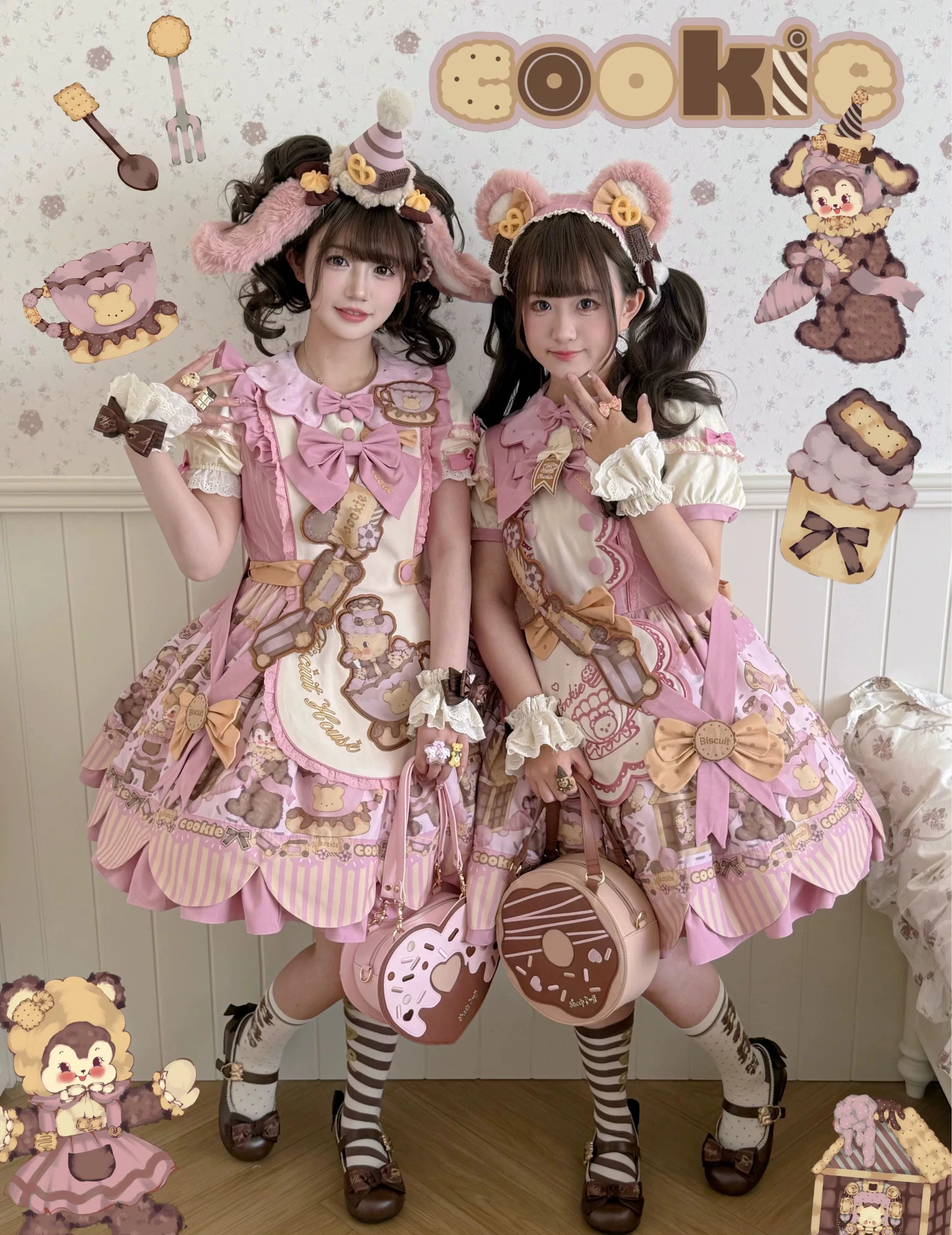 Bear Biscuit SP - Kawaii Lolita Bear Printed Dress Set with Bows - image 12