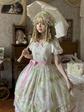 Bamboo Rabbit Pink Green Bunny Floral Print Bow Classic Lolita OP Dress and Accessories - image 11