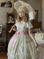 Bamboo Rabbit Pink Green Bunny Floral Print Bow Classic Lolita OP Dress and Accessories - image 11