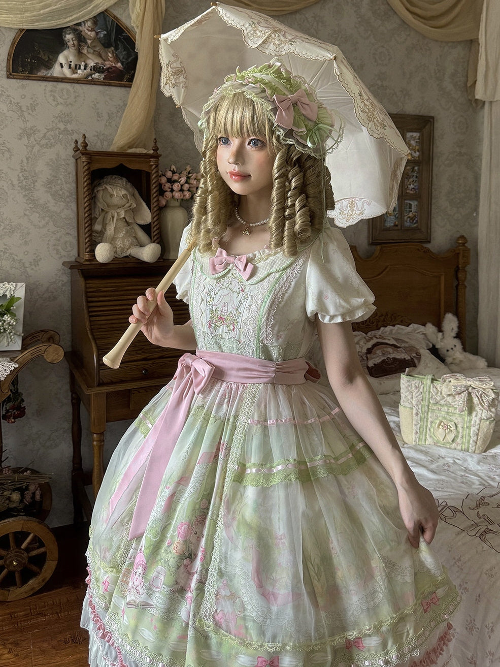 Bamboo Rabbit Pink Green Bunny Floral Print Bow Classic Lolita OP Dress and Accessories - image 11