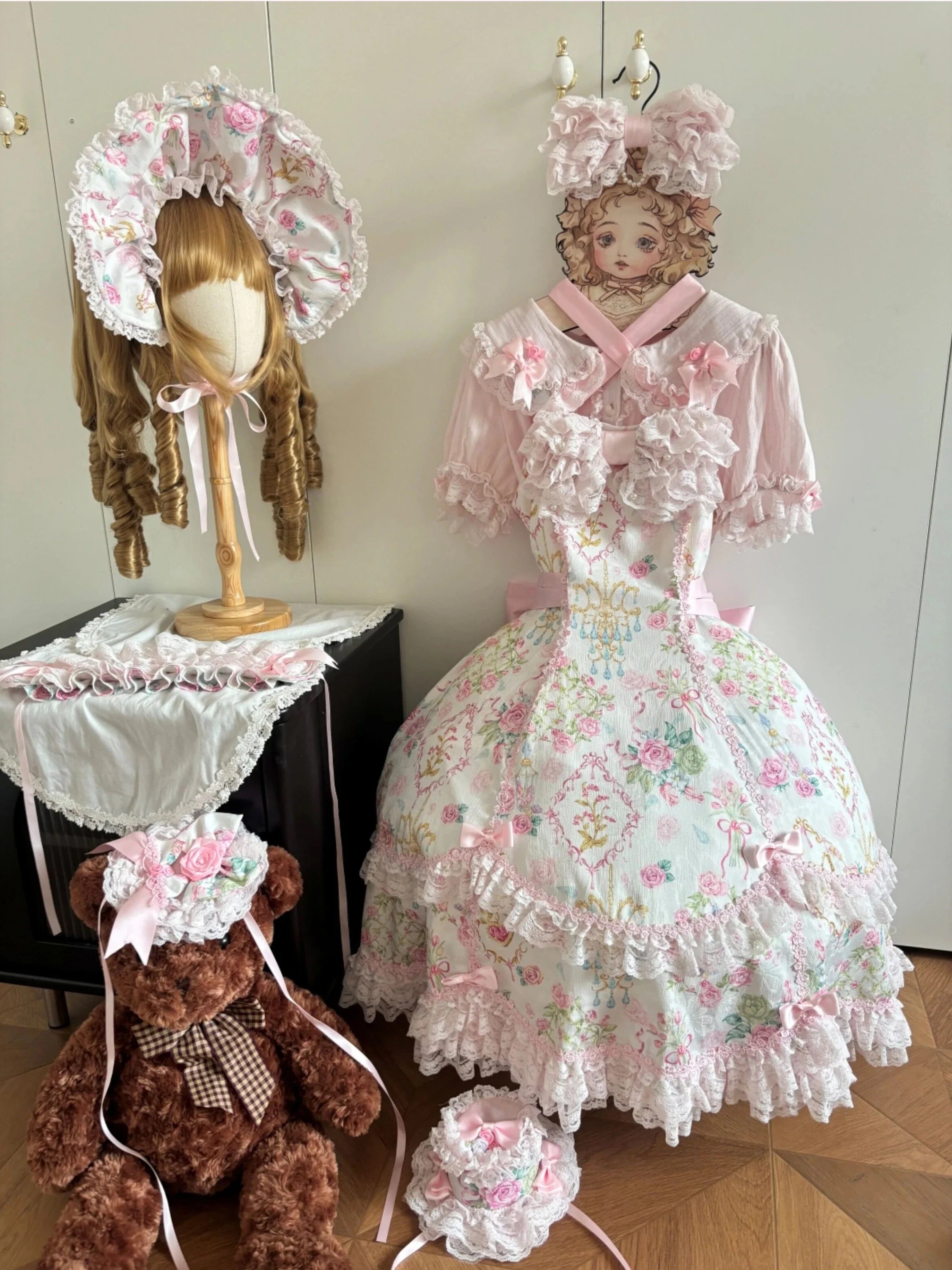 Spring 2025 Vintage Flower Wall Chandelier Rose Print Sweet Lolita JSK Dress and Accessories - image 9
