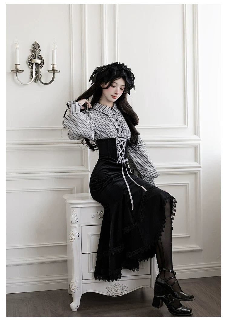 Dusk Moment - Classic Lolita Striped OP & Mermaid Dress Set, Fishbone Waist - image 18