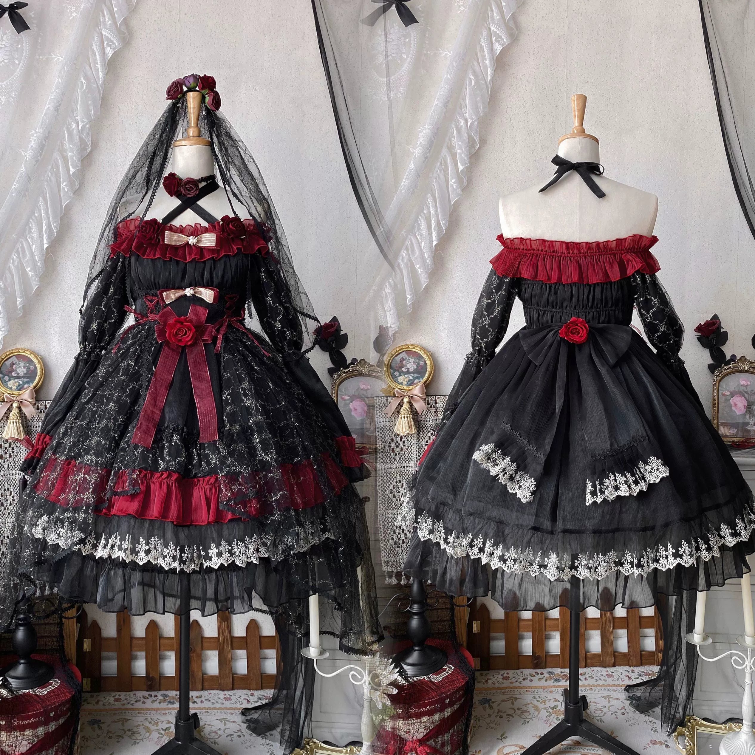 Night of Berea Gothic Lolita OP Dress in Black and Red - image 21