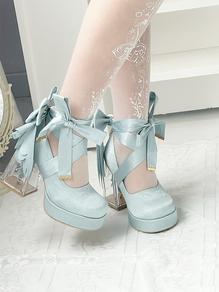 Floating Koi Land - Satin Classic Lolita Platform Shoes with Transparent Heel - image 7