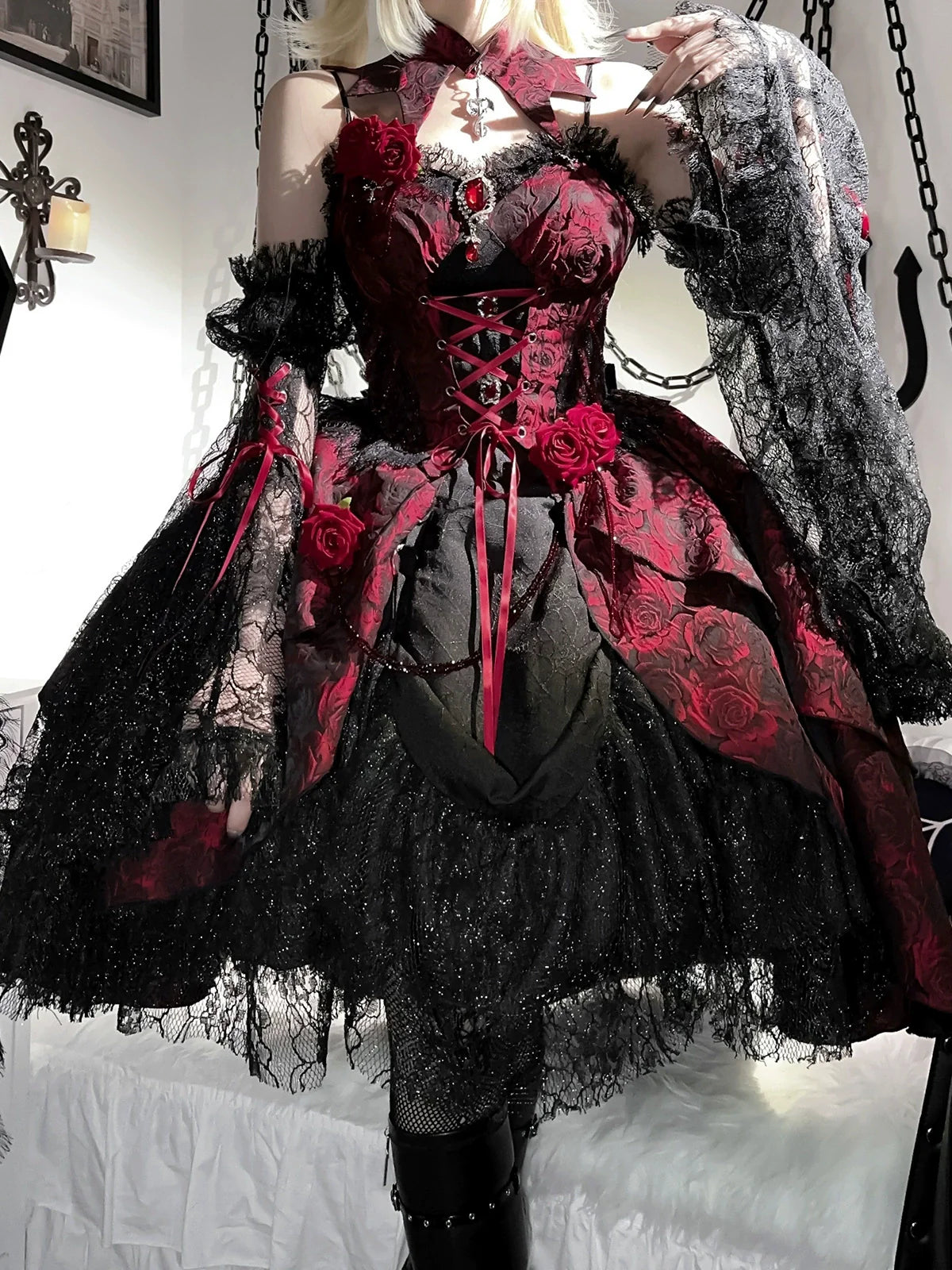 Rose Blood - Black Red Gothic Lolita JSK Jacquard Court Dress - image 15