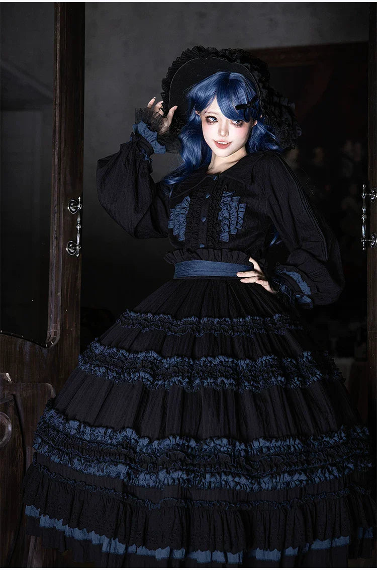 Wings and Bouquet - Dark Classic Lolita Blouse and SK Set, Layered Blue Ruffles - image 8