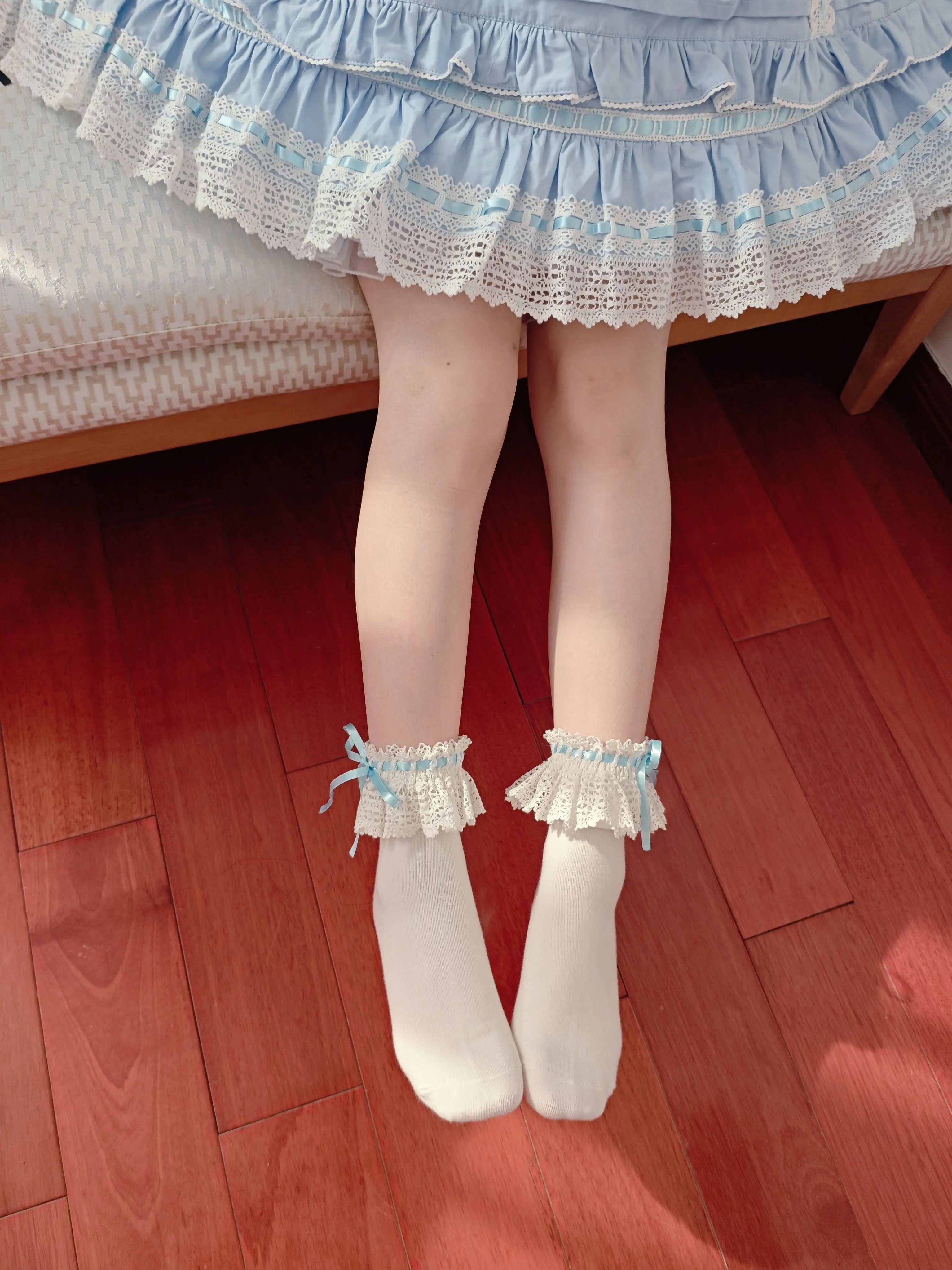 Cotton Old School Lolita White Socks with Colorful Ribbon Bows - image 9