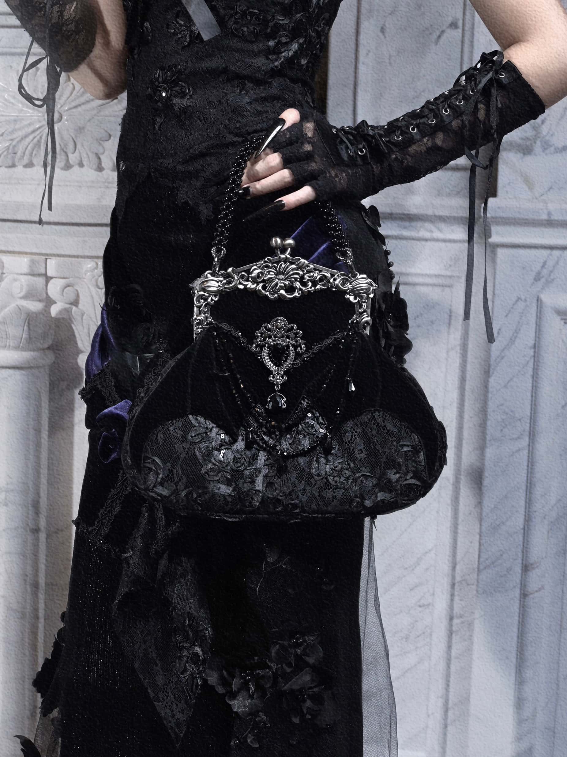 Mourning Day - Gothic Rhinestone Velvet Handbag - image 3