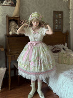 Bamboo Rabbit Pink Green Bunny Floral Print Bow Classic Lolita OP Dress and Accessories - image 7