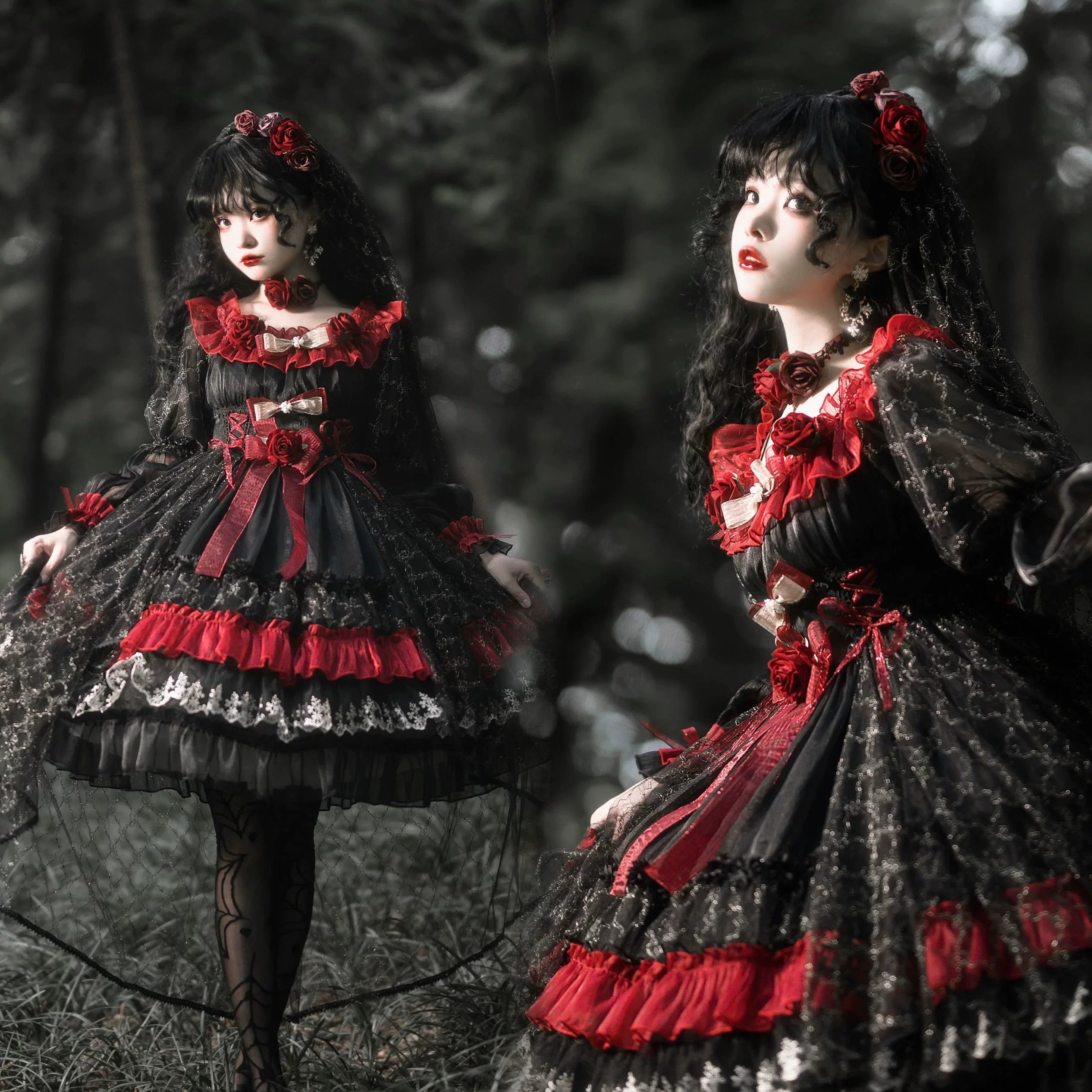 Night of Berea Gothic Lolita OP Dress in Black and Red - image 2