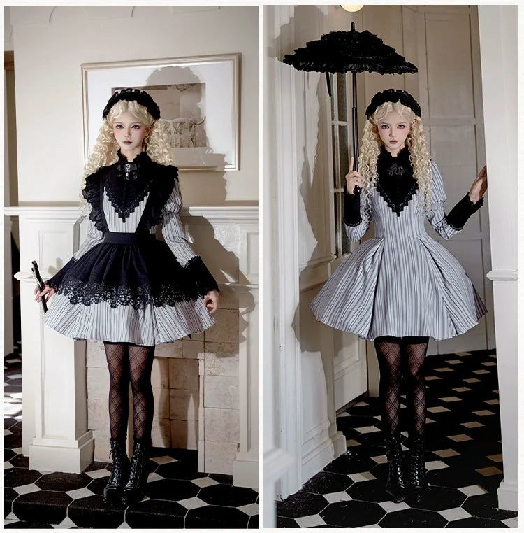 Nocturne SP - Striped Gothic Lolita OP Twin Lolita Dress with Apron and Accessories - image 10