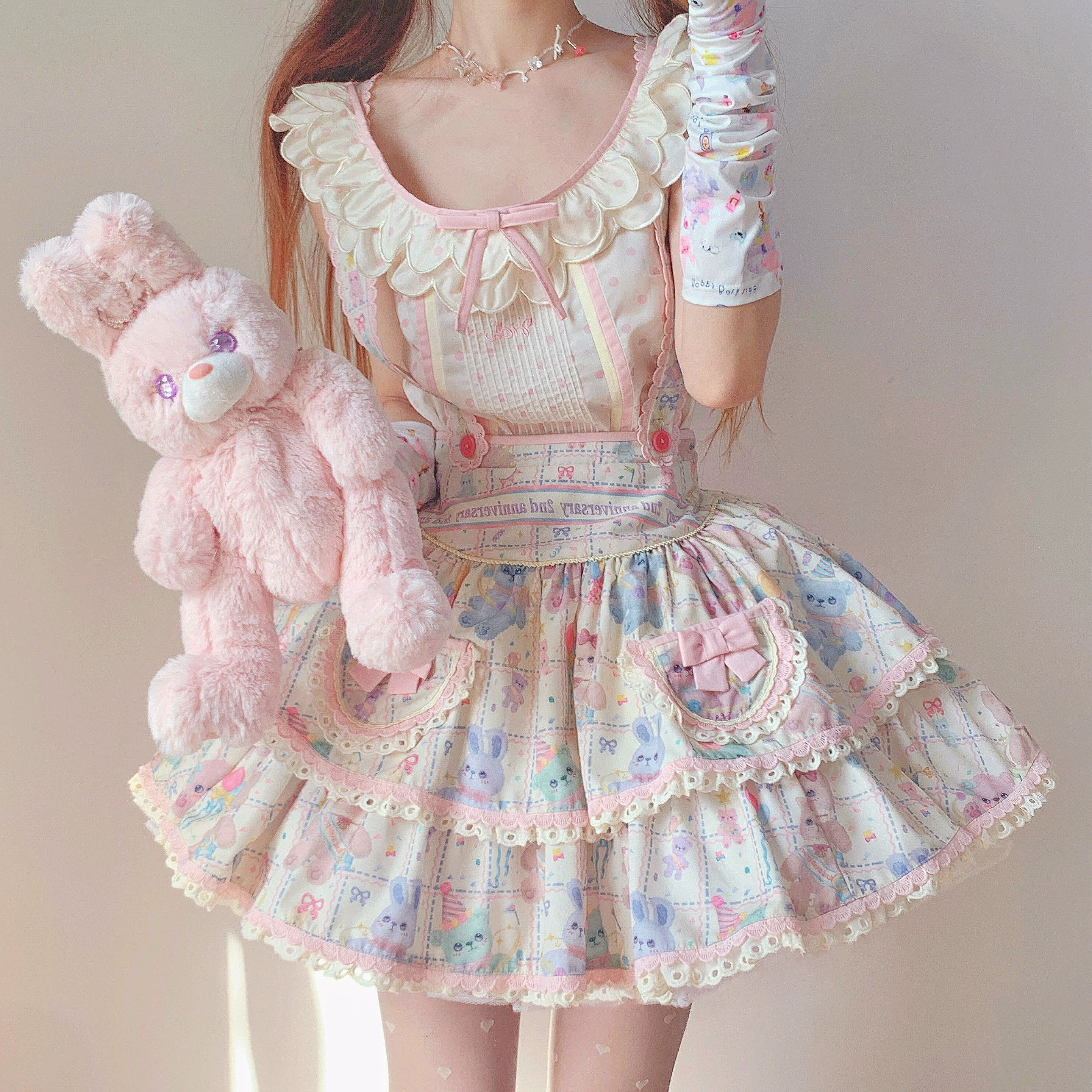 Starry Pudding Bear - Sweet Lolita JSK and Printed OP Dress - image 2