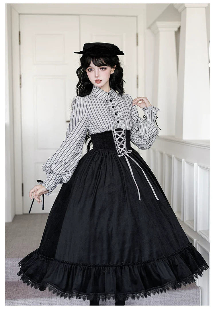 Dusk Moment - Classic Lolita Striped OP & Mermaid Dress Set, Fishbone Waist - image 9