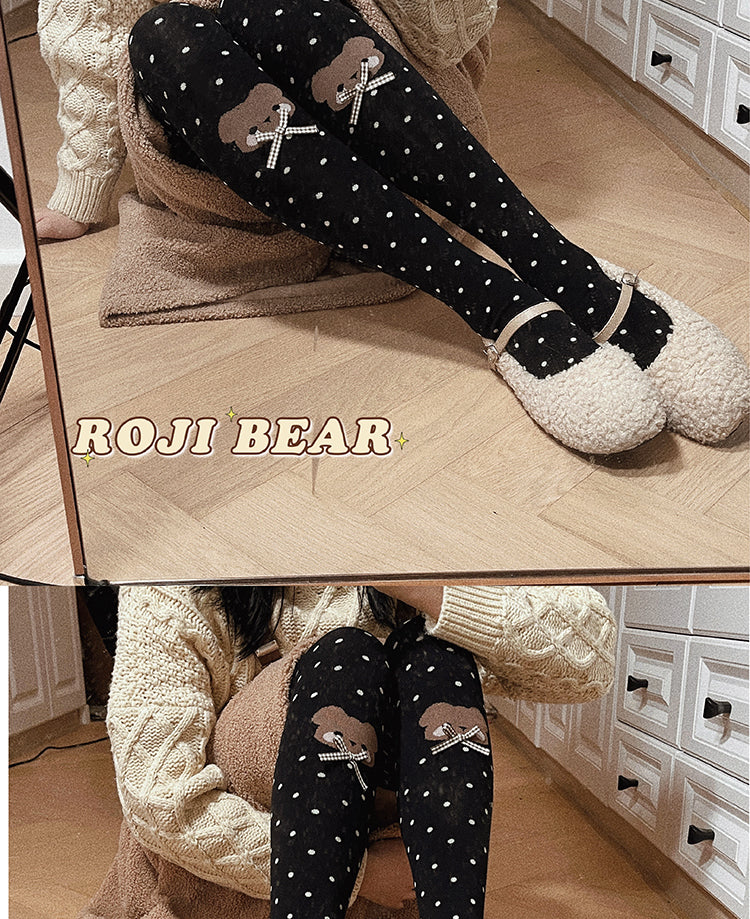 Bear Dots Bow Cotton Lolita Thigh-High Stockings - image 11