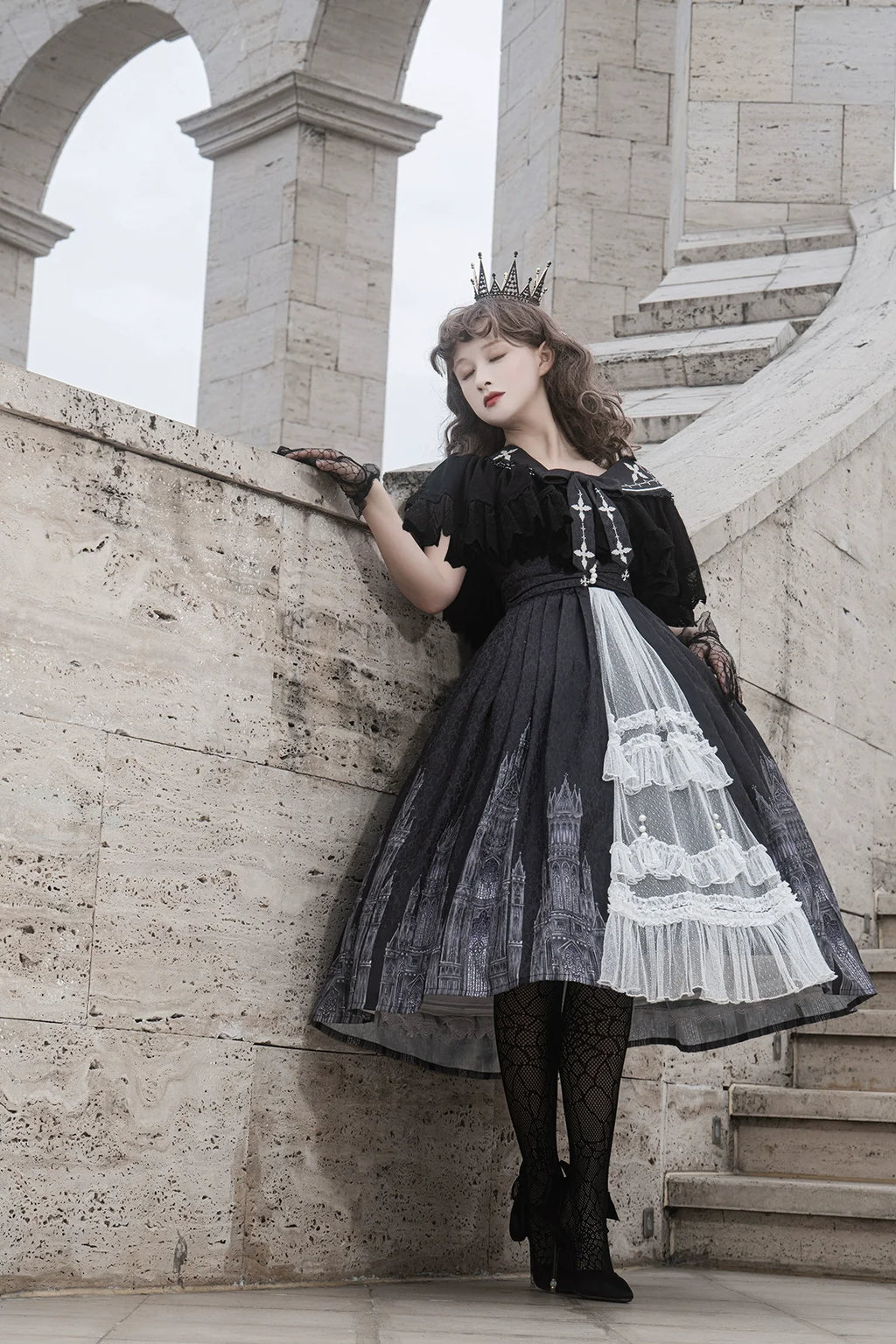 Silent Church - Gothic Lolita JSK Dress Printed Dress Thin Shawl Set - image 4