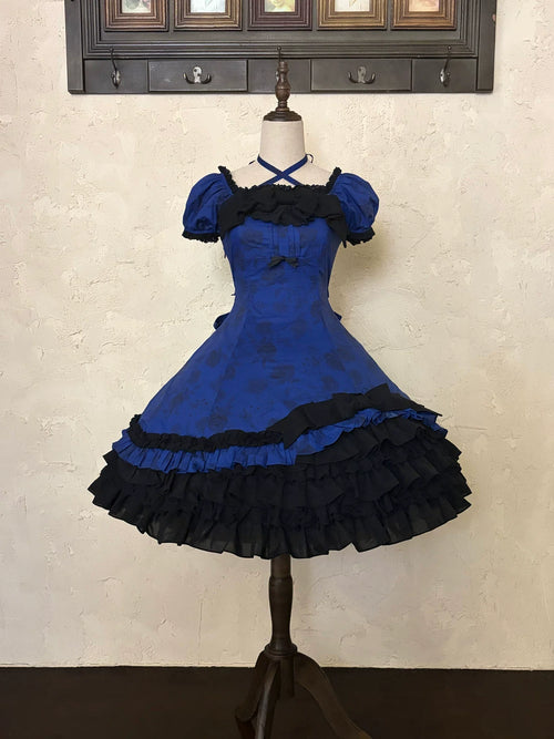 Bliss Bouquet - Cotton Old School Lolita Dress, Rose Print and Layered Hem and Accessories - image 2