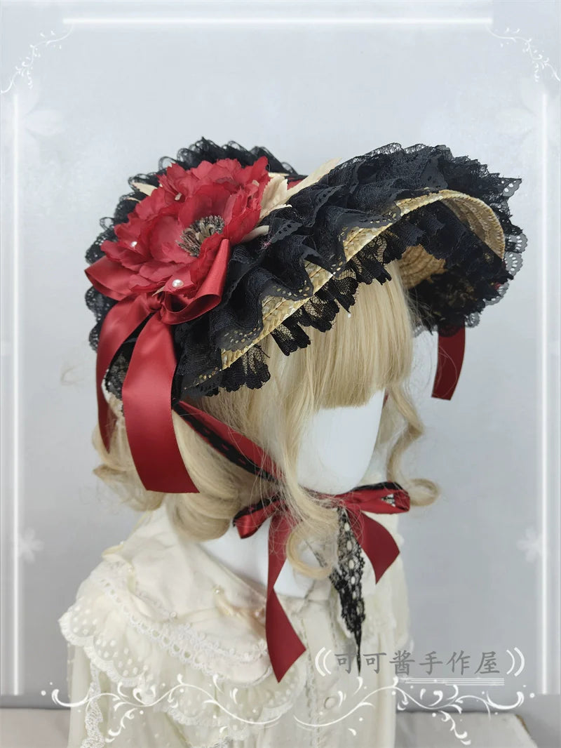 Country Lace Flower Lolita Bonnet, Multicolor - image 8
