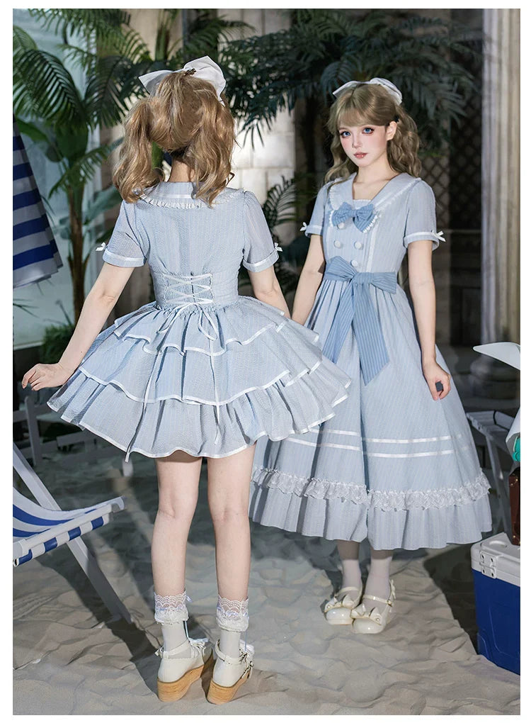 Seven-Day Bell - Blue Classic Lolita Striped OP Dress, Sailor Collar - image 4
