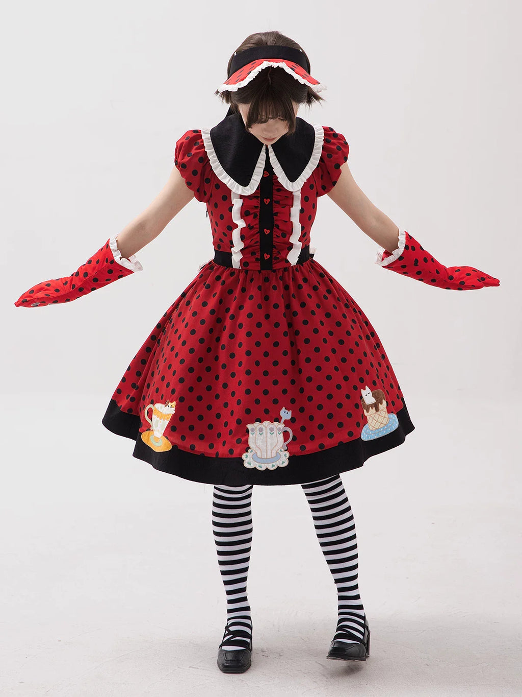 Teacup Meow - Old School Lolita Polka Dot OP Dress, Cat and Teacup Patch - image 4