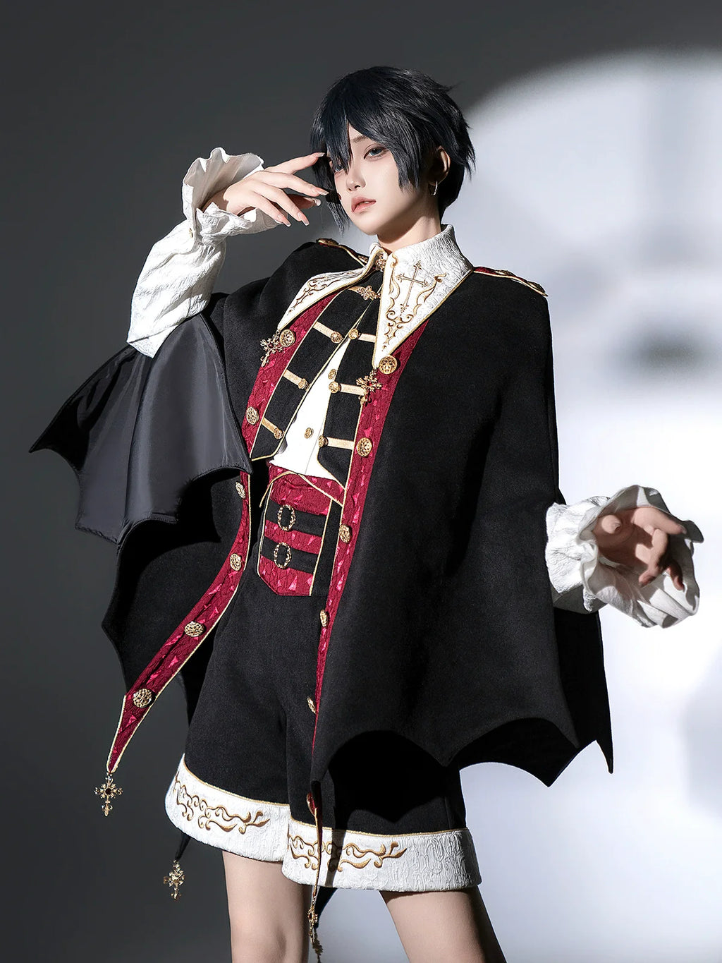 Vampire Youth - Ouji Lolita Bat Shaped Cape Set, Gold Embroidery & Red Accents - image 11