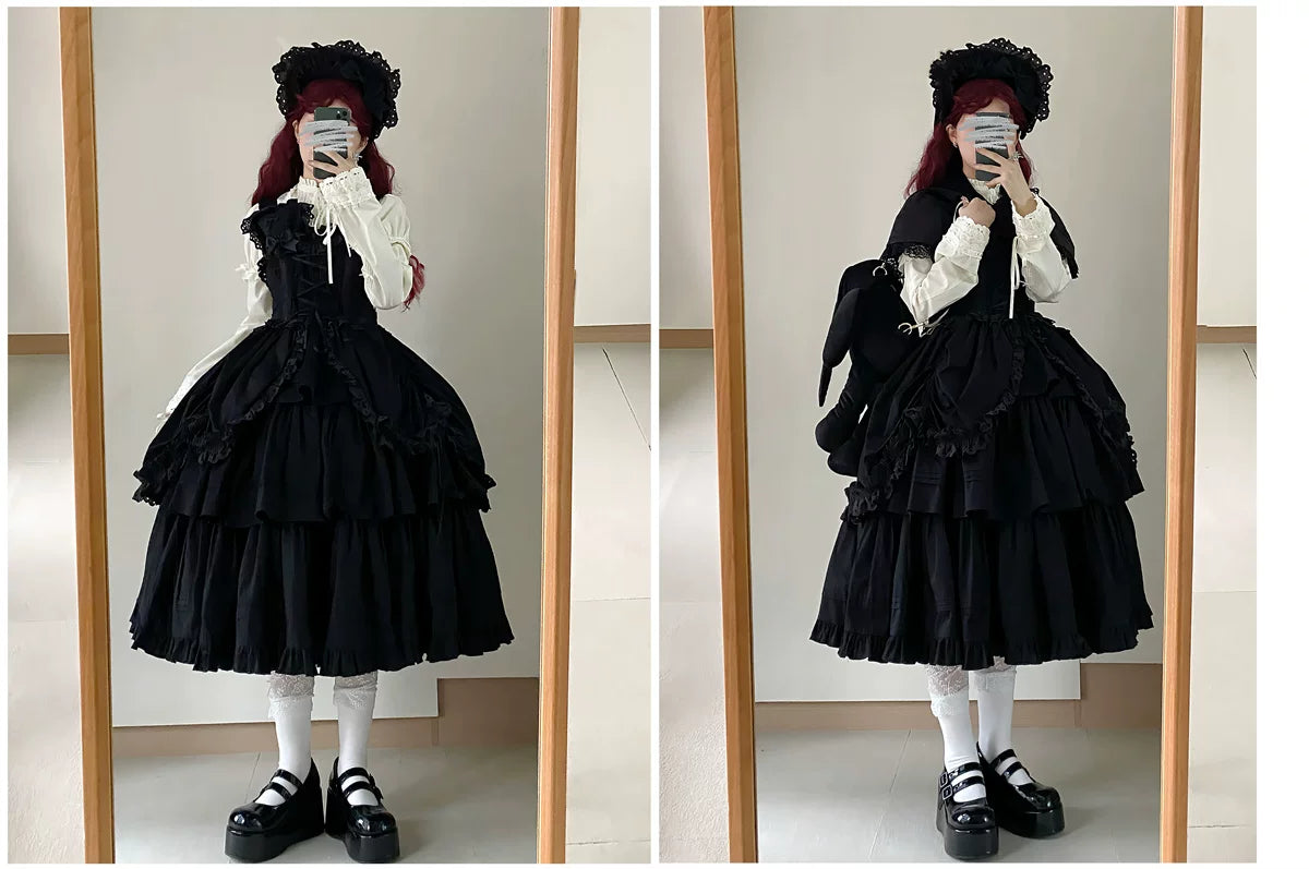 Cotton Gothic Lolita Long JSK, Drawn-up Hem - image 70