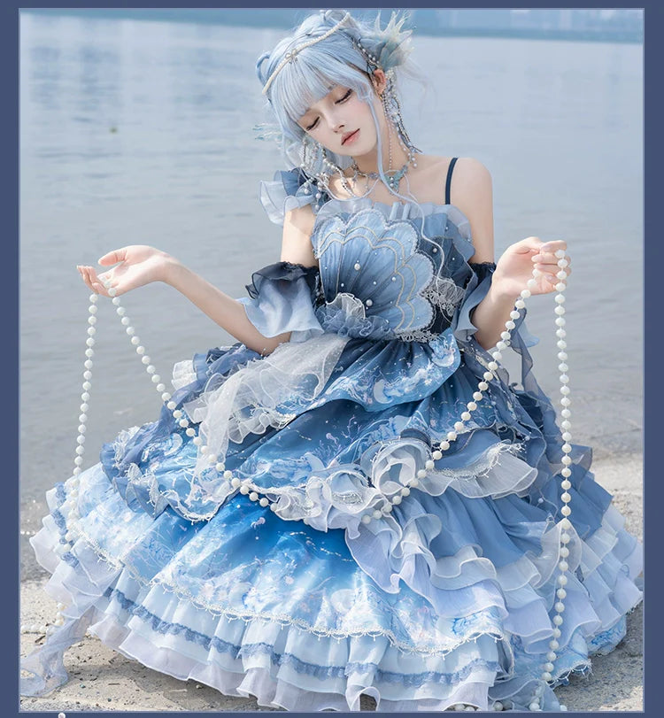 Blue Breath Jellyfish - Classic Lolita JSK Dress, Side Zipper - image 13