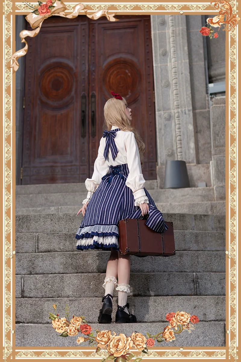 Elegant Lolita Stripe High-waist Jumper Dress Set and Cape - image 8