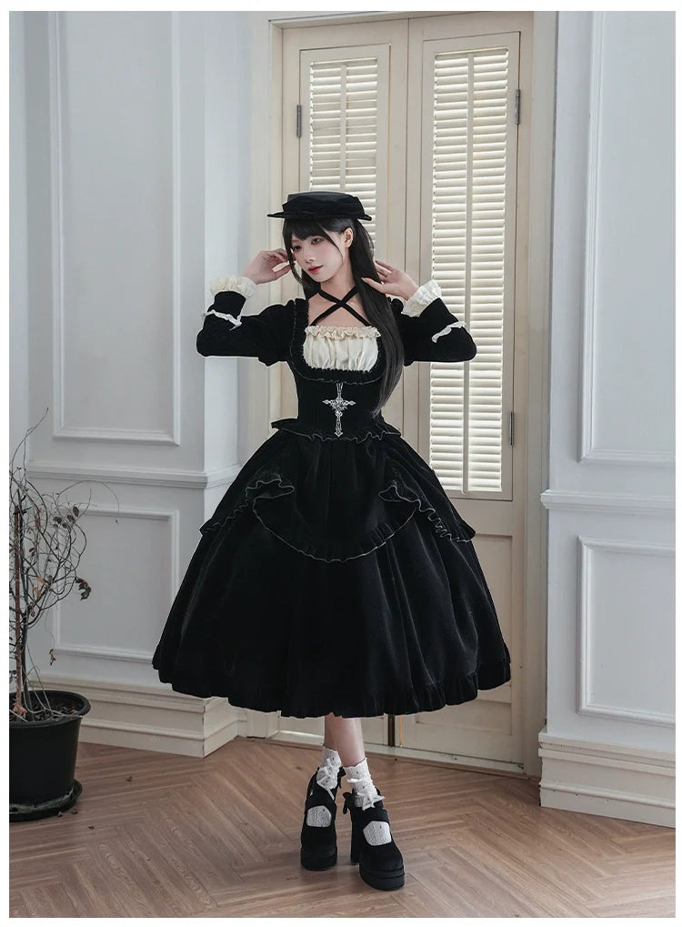 Apocalypse - Gothic Lolita Velvet OP Dress Set, Fishbone Waist - image 22