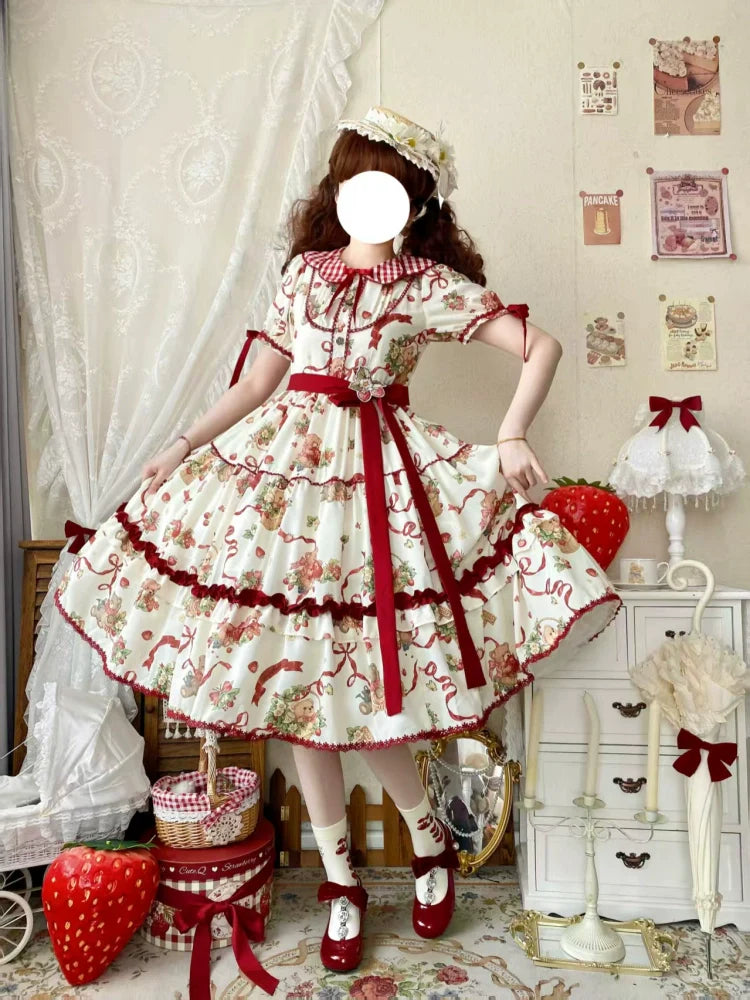 The Bear's Strawberry Field - Daily Lolita OP Dress With Petal Collar & Bear Strawberry Print and Accessories - image 5