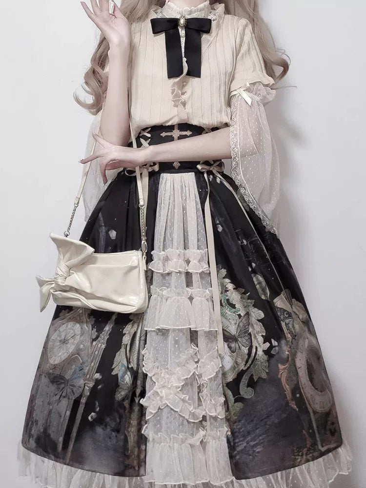 Clock Butterfly - Gothic Lolita Printed Blouse and Corset Skirt Set - image 16