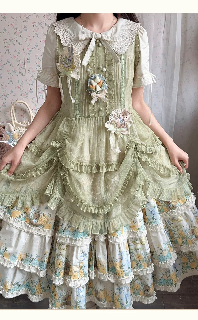 Flower Rabbit Bear - Country Lolita Tiered Skirt Dress, Floral & Bear Print and Accessories - image 9