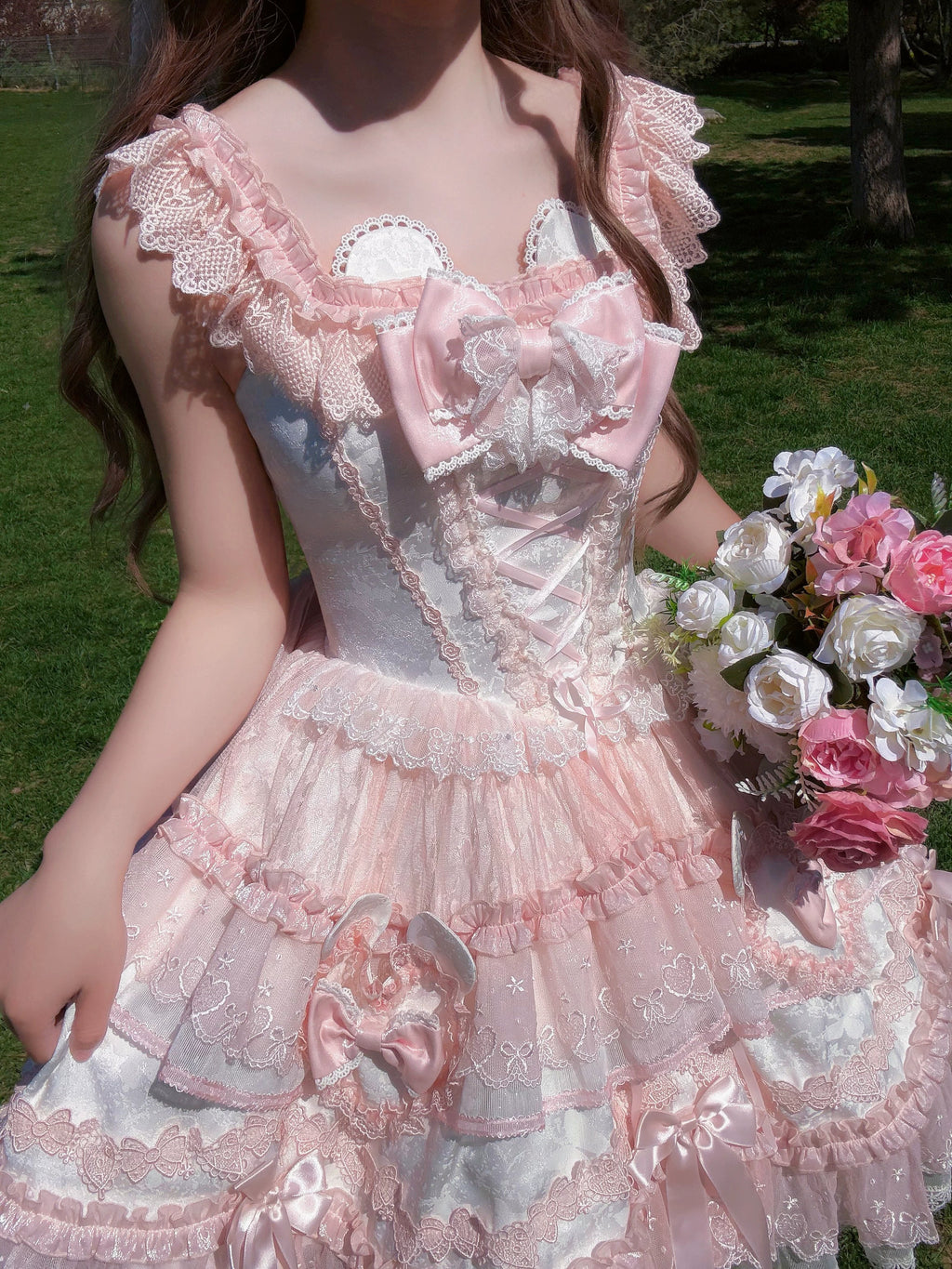 Heart Bear - Sweet Lolita Jacquard JSK Dress, Layered Lace and Accessories - image 5