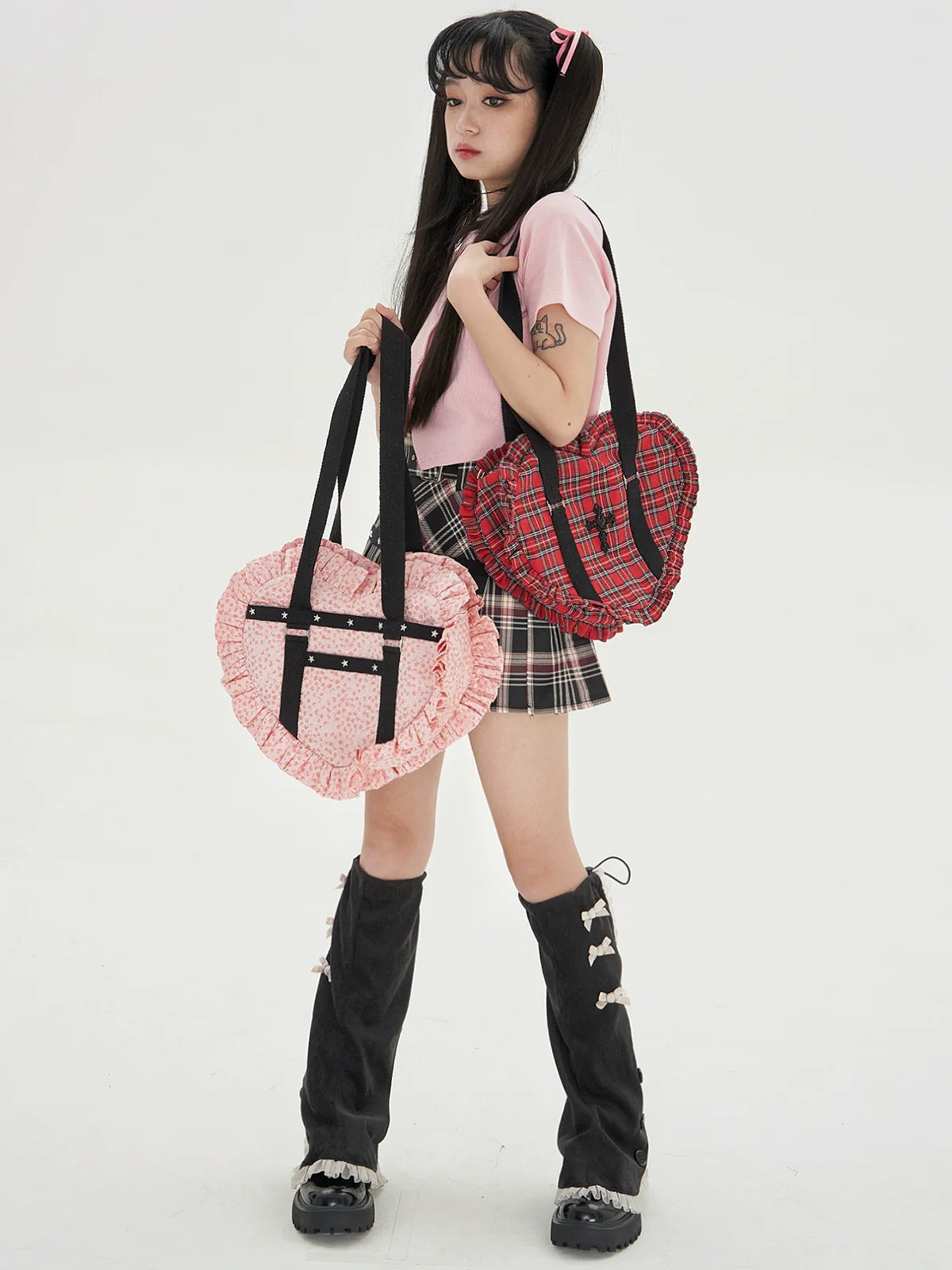 Vintage Lolita Heart Shaped Plaid Dot Print JK Uniform Bag - image 1