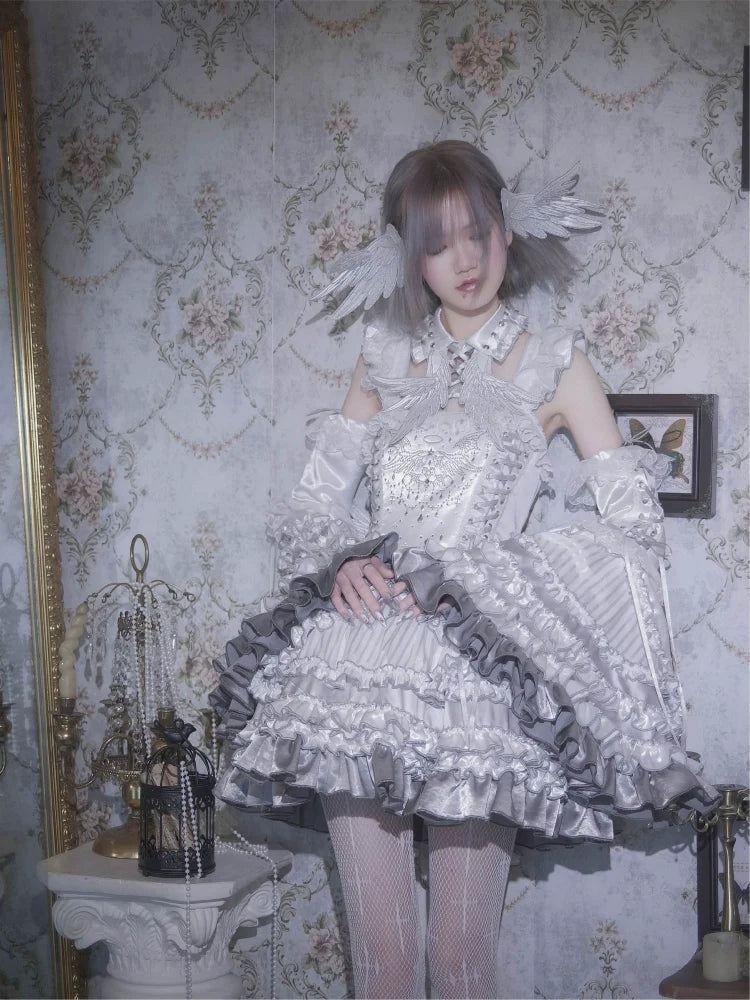 Metallic Angel - Silver-white Punk Lolita JSK, Wing and Rhinestone Details - image 6