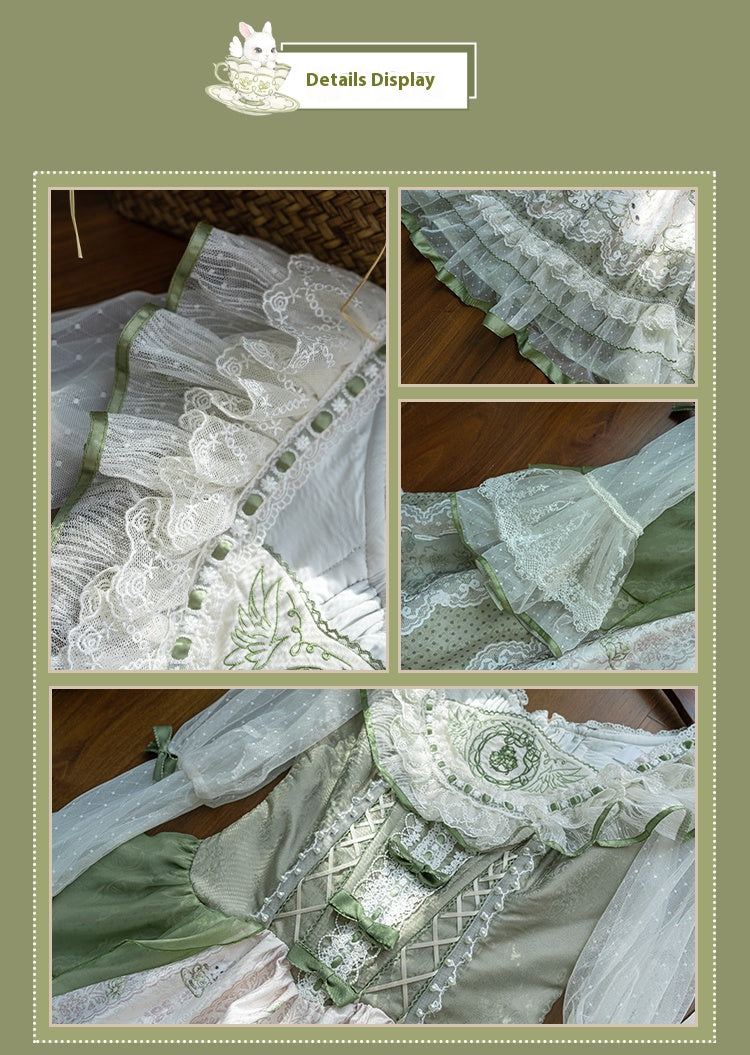 Teacup Bunny - Classic Lolita OP Dress, Fresh Green Floral Print and Accessories - image 7