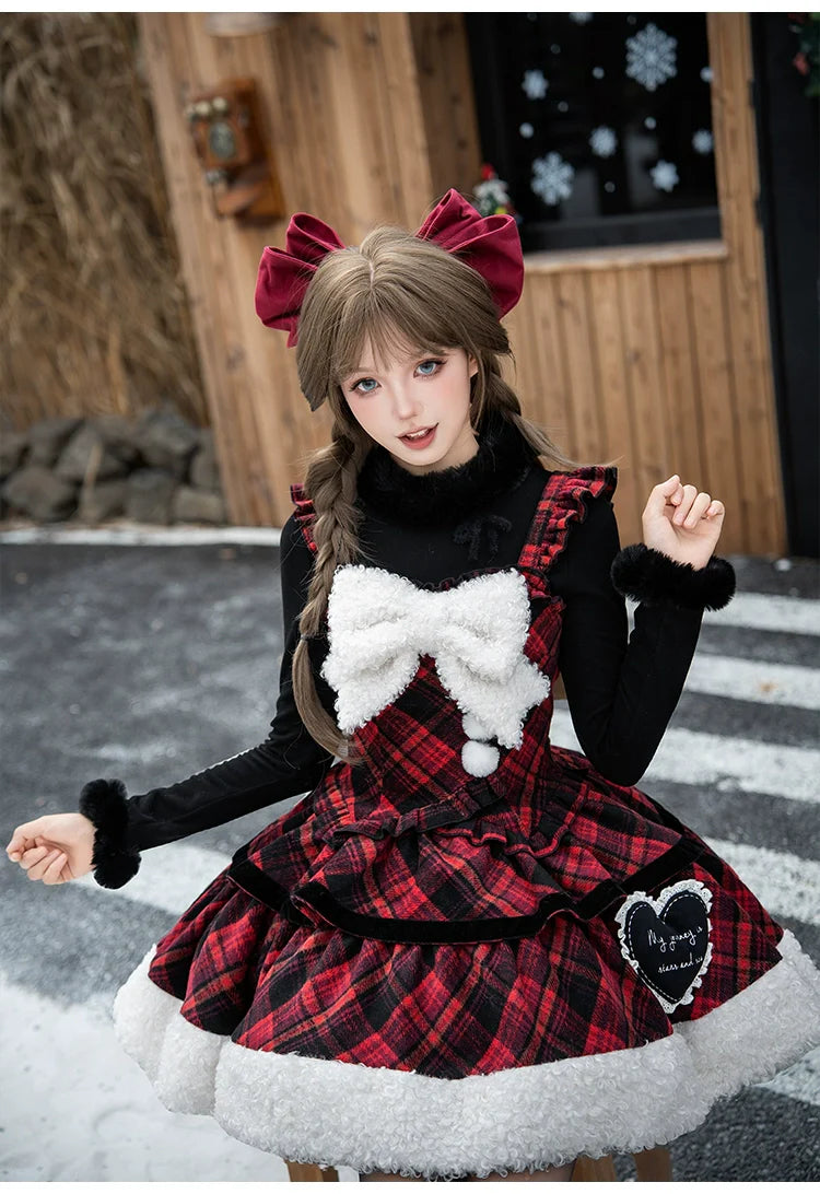 Snow Night Serenade - Fluffy Plaid Kawaii Lolita JSK, Reversible Cape and Accessories - image 6