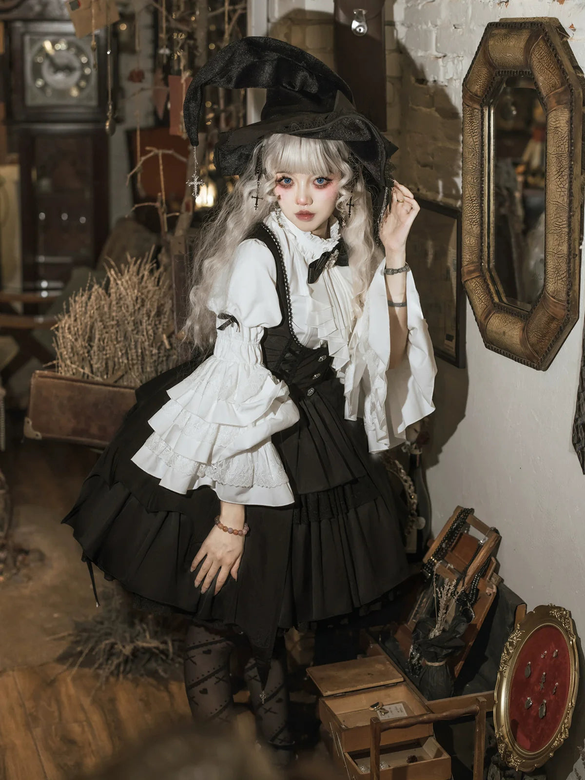 Dawn Witch - Black Gothic Lolita JSK Dress + White Blouse - image 3