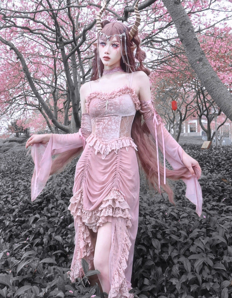 Sakura Nightmare - Pink Gothic Velvet Drawstring Dress - image 23